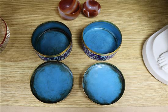 Two Islamic champleve enamel boxes and covers, agate geode halves and quartz cups